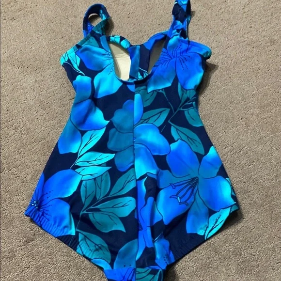 Electric Blue Green Size 12 One Piece Swimsuit with Floral Pattern Beach Summer - Picture 7 of 9